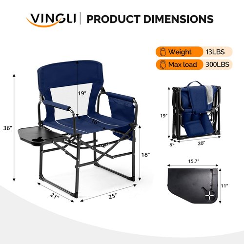 VINGLI Camping Chairs, Directors Chair, Camping Chair with Side Table & Carry Bag，Heavy Duty Camping Chairs for Adults,Portable Folding Camping Chair 2 Pack, for Beach, Fishing,Trip,Picnic,Lawn-Blue