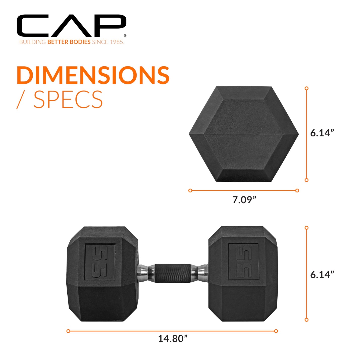 CAP 55 LB Rubber Coated Hex Dumbbell Weight, Rubber Free Weights for Home Gym Strength Training, Comfort Grip Handle, Single
