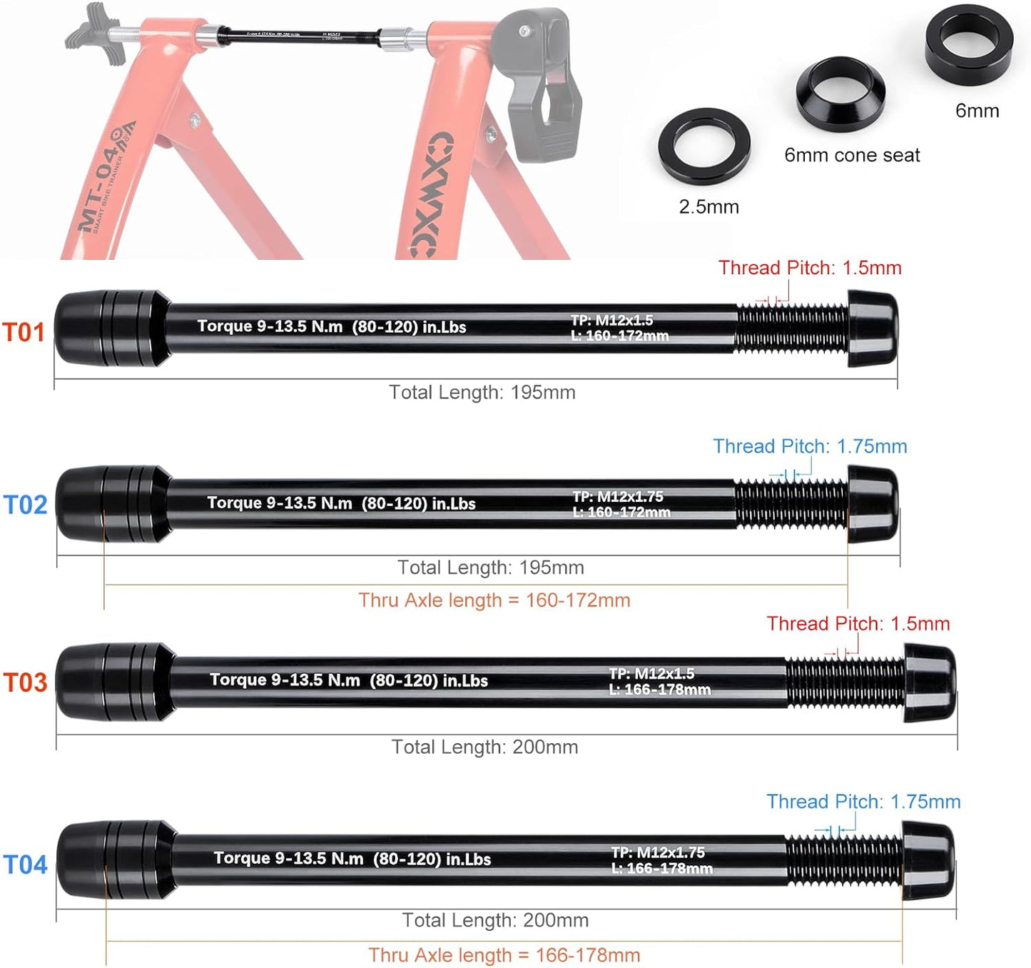 12mm Thru Axles for Bike Trainers - M12 x 1.0/1.5/1.75 Thru Axle Adapter for Rear Wheel Attachment Trainer - Bike Trainer Thru Axles Adapter