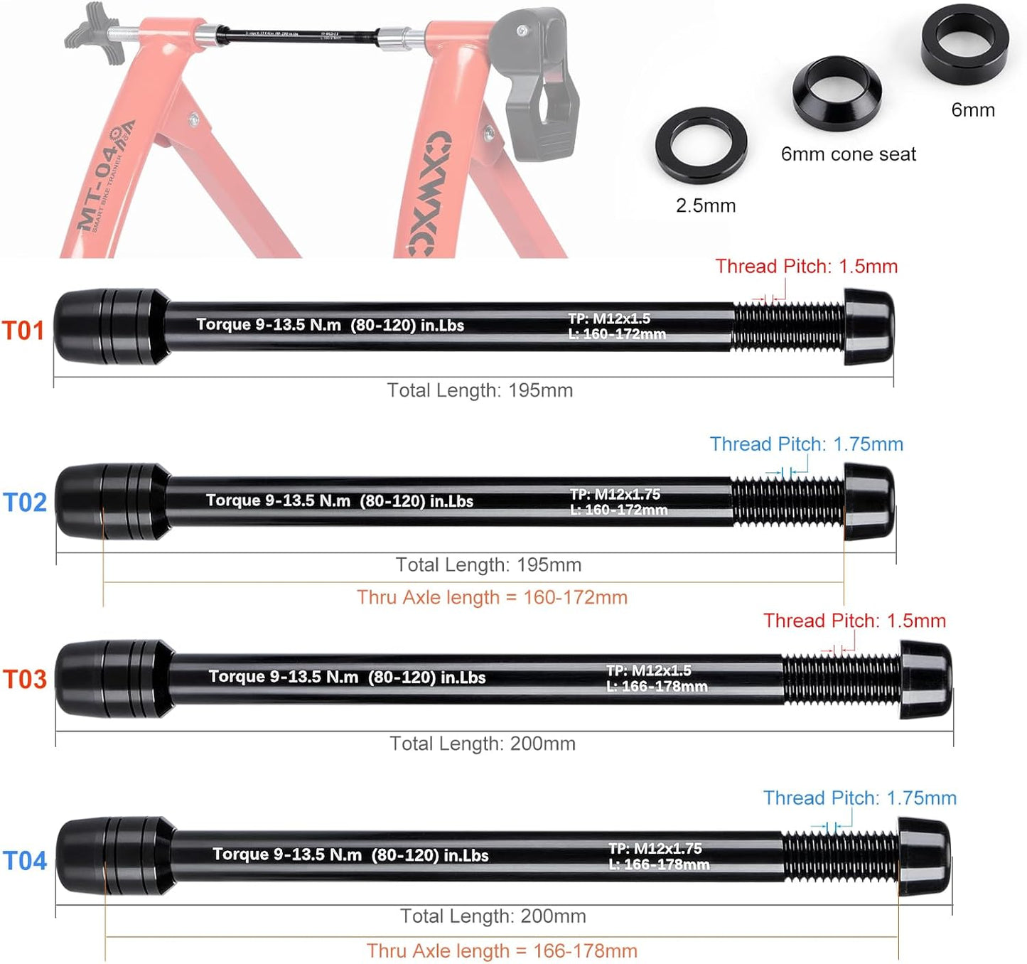 12mm Thru Axles for Bike Trainers - M12 x 1.0/1.5/1.75 Thru Axle Adapter for Rear Wheel Attachment Trainer - Bike Trainer Thru Axles Adapter