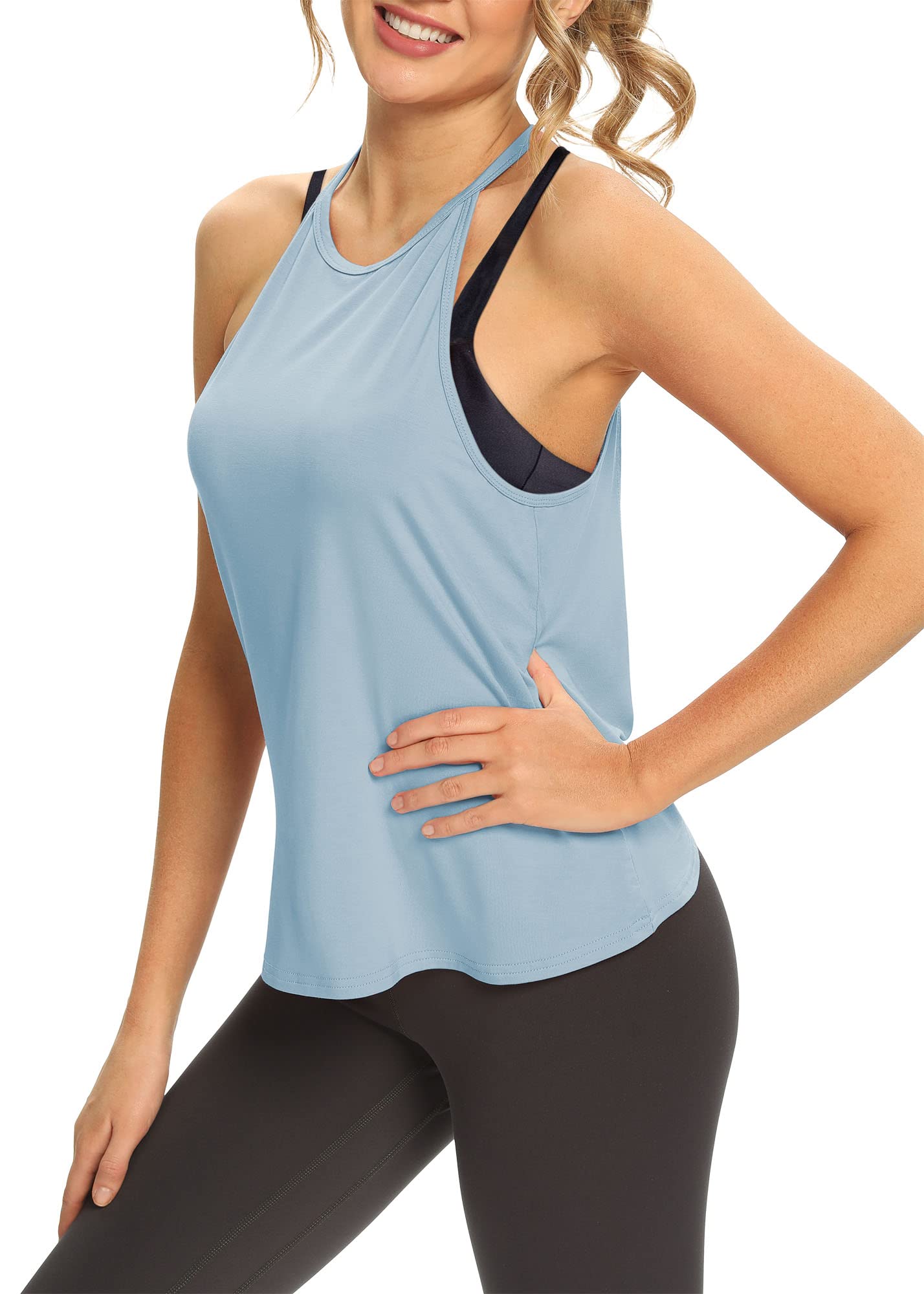 Mippo Womens Open Back Sleeveless Halter Neck Activewear Tank Tops for Workout Gym Sports Running Pilates Hiking Loose Fit Light Blue L