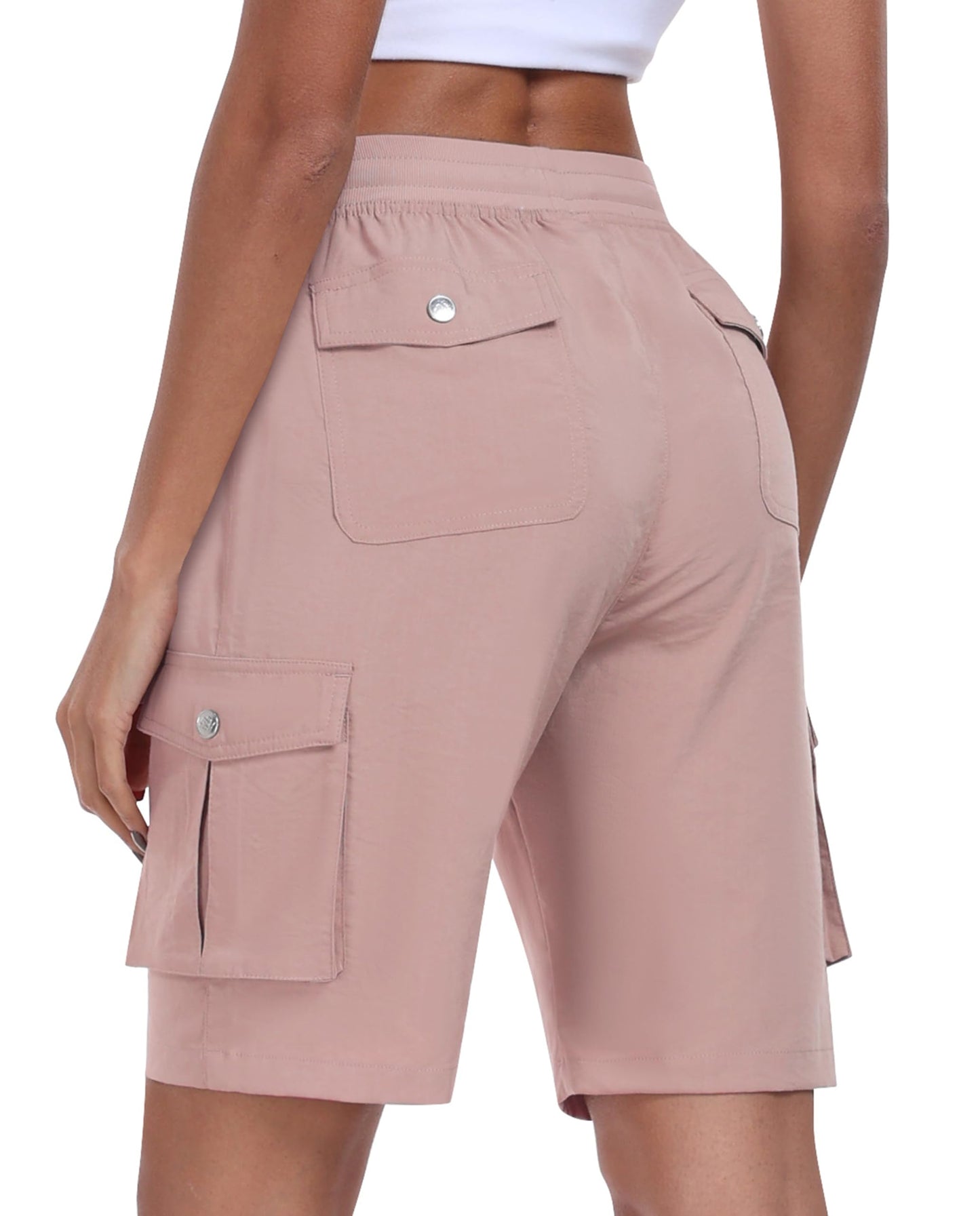 MoFiz Women's 10" Hiking Cargo Shorts Stretch Active Running Long Knee Length Shorts Quick Dry Outdoor Running Summer Shorts with Pockets Dusty Pink XL