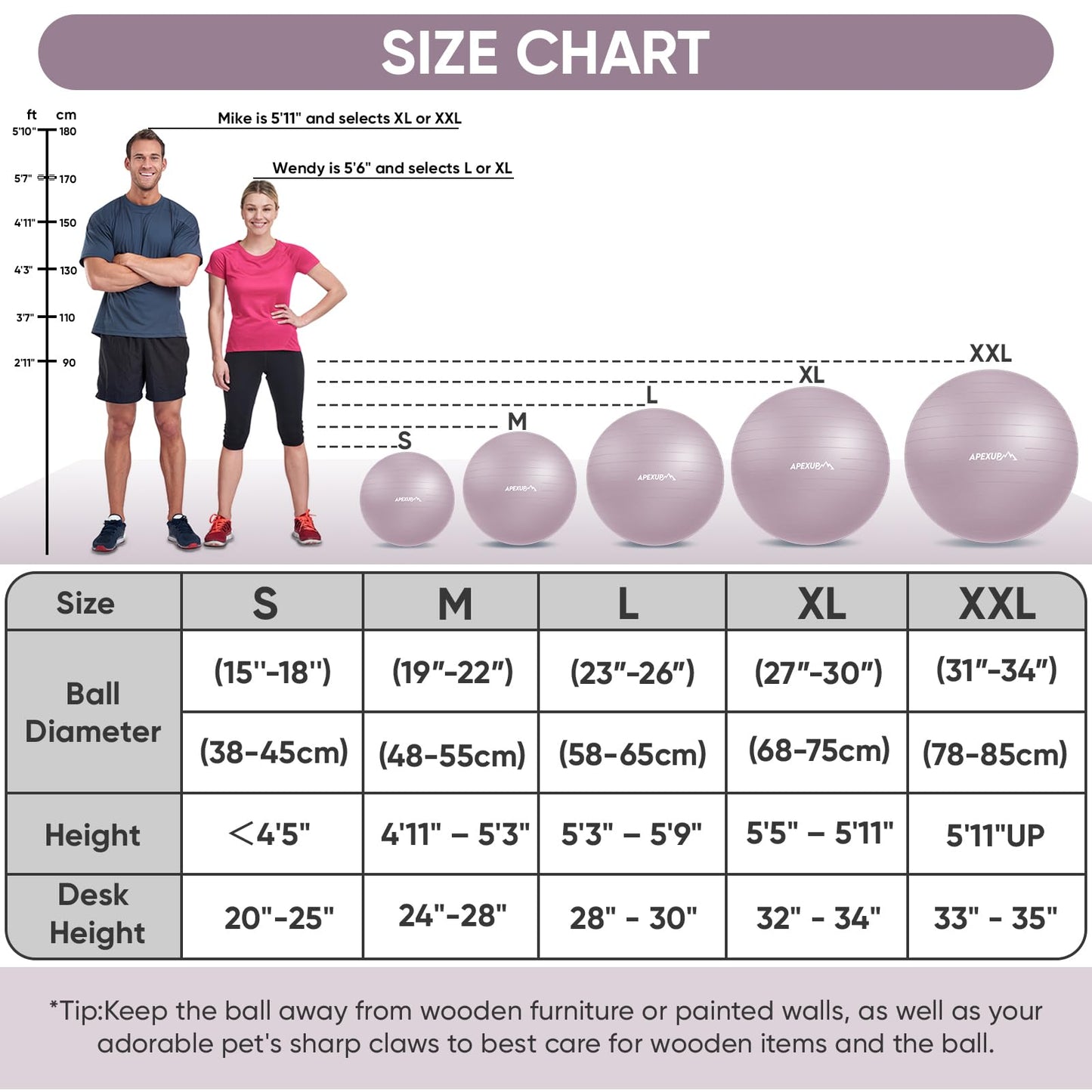 APEXUP Yoga Ball, 660 lbs Anti-Burst Exercise Ball with Pump, 5 Sizes (L (23"~26") 65cm, Mauve)