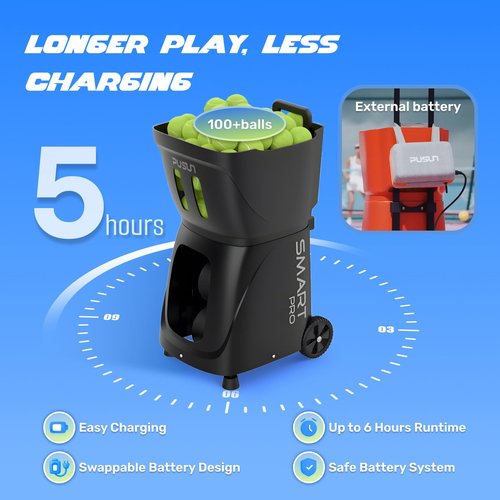 PT-Smart Pro Tennis Ball Machine, Internal Oscillation, App-Controlled, 12–75 mph Speed, 100-Ball Capacity, 5-Hour Battery, 20 Landing Points – for Intermediate to Advanced Players
