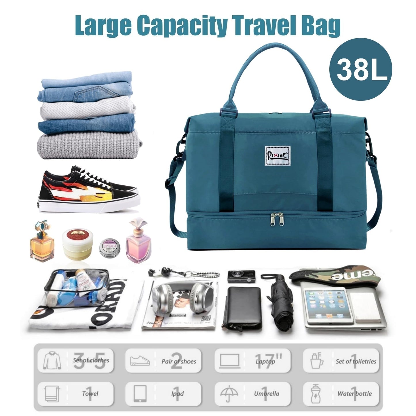 BELiXP Women Travel Duffel Bag, Carry on Weekender Overnight Bag for Women, Travel Tote Bag with Shoe Compartment & Wet Pocket, Lightweight Travel Bag for Vacation Sports Gym (Peacock Blue, L)