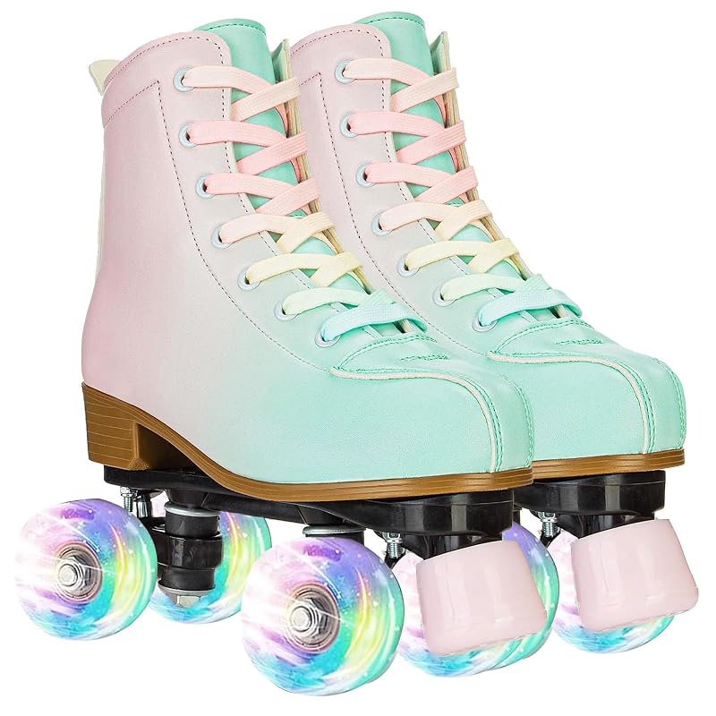 Gradient Pink-Blue Roller Skates for Girls & Women, Cozy PU Leather, Flash Wheels - 37-US Women/Youth 6/7