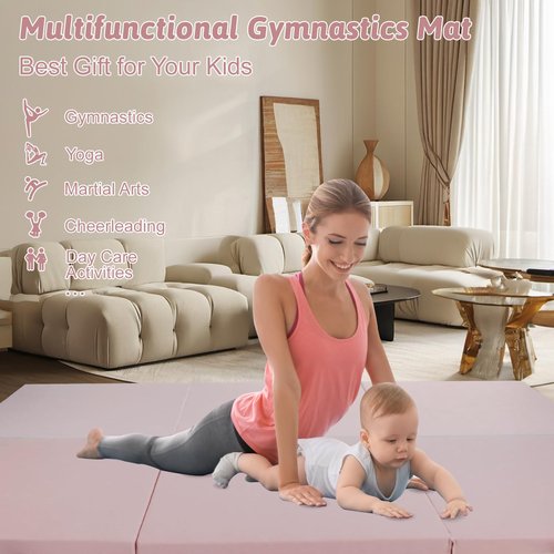 Wansenya Folding Tri-fold Gymnastics Mat,6 FT x 2 FT PU Leather Tumbling Mat with Carrying Handles,Waterproof Exercise Mat for Stretching Yoga Cheerleading Martial Arts,Pink