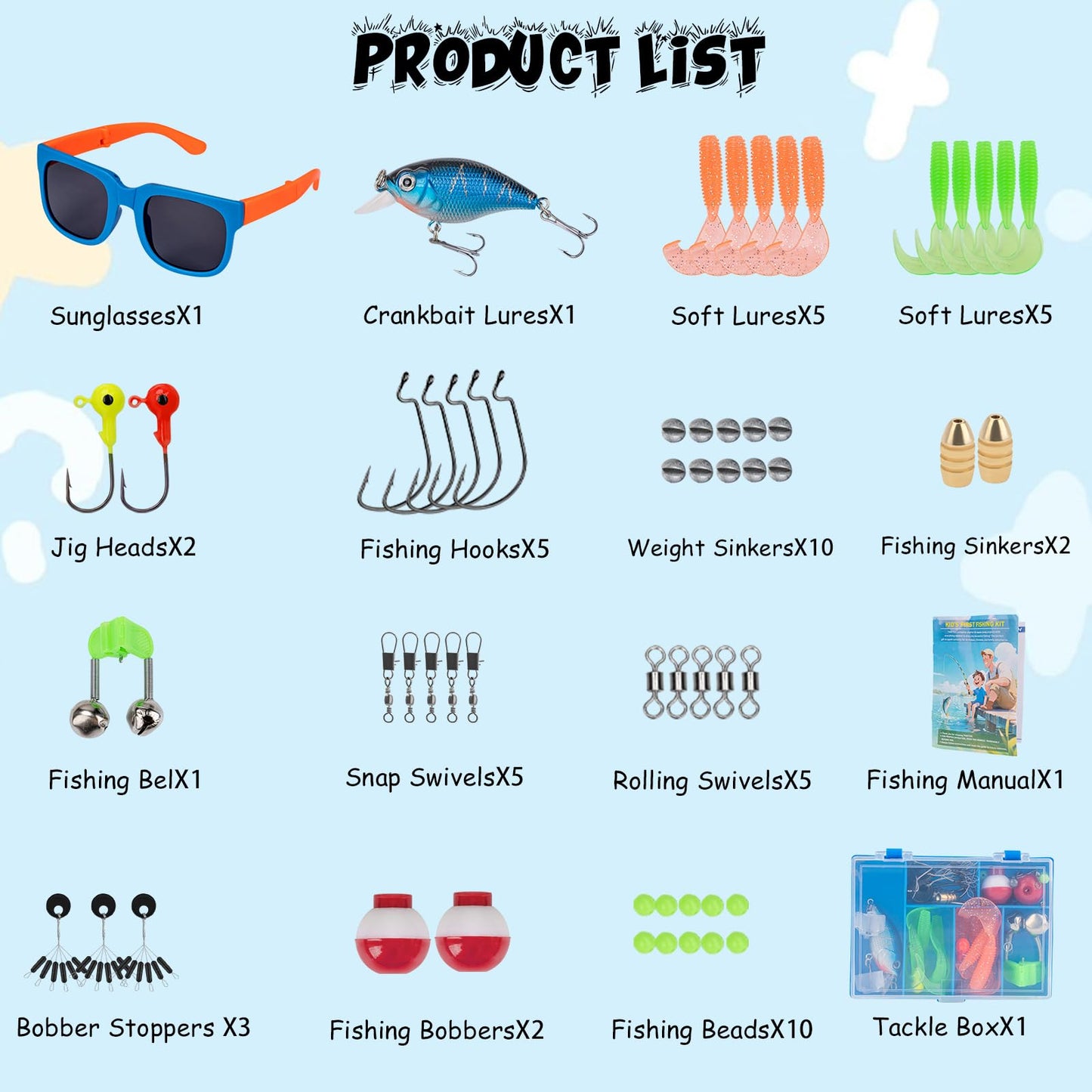 Kids Fishing Pole Set, Telescopic Fishing Rod Reel Combo Kids Starter Kit with Lures Tackle Box, Sunglassed and Portable Bag for Boys Girls Younth