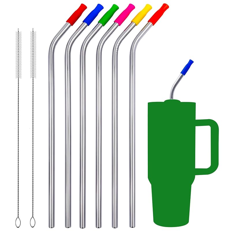 13 Inch Extra Long Reusable Bent Stainless Steel Straws - 6 Pack with 2 Cleaning Brushes & 6 Silicone Tips for Stanley Quencher