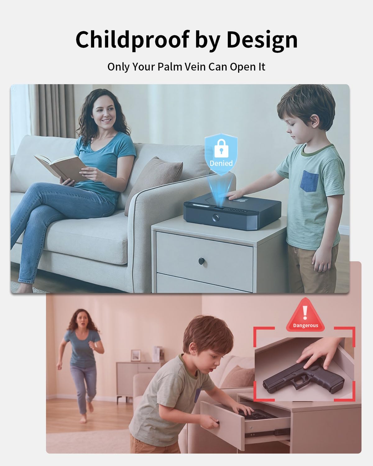 XEGIS SAFE Biometric Gun Safe Contactless Palm Vein, Raise Palm to Open in 0.1s, 3-Way Unlock Keypad/Key Pistol Safe, Works with Any Hand & in Darkness Handgun Safe for Nightstand, Car & Home