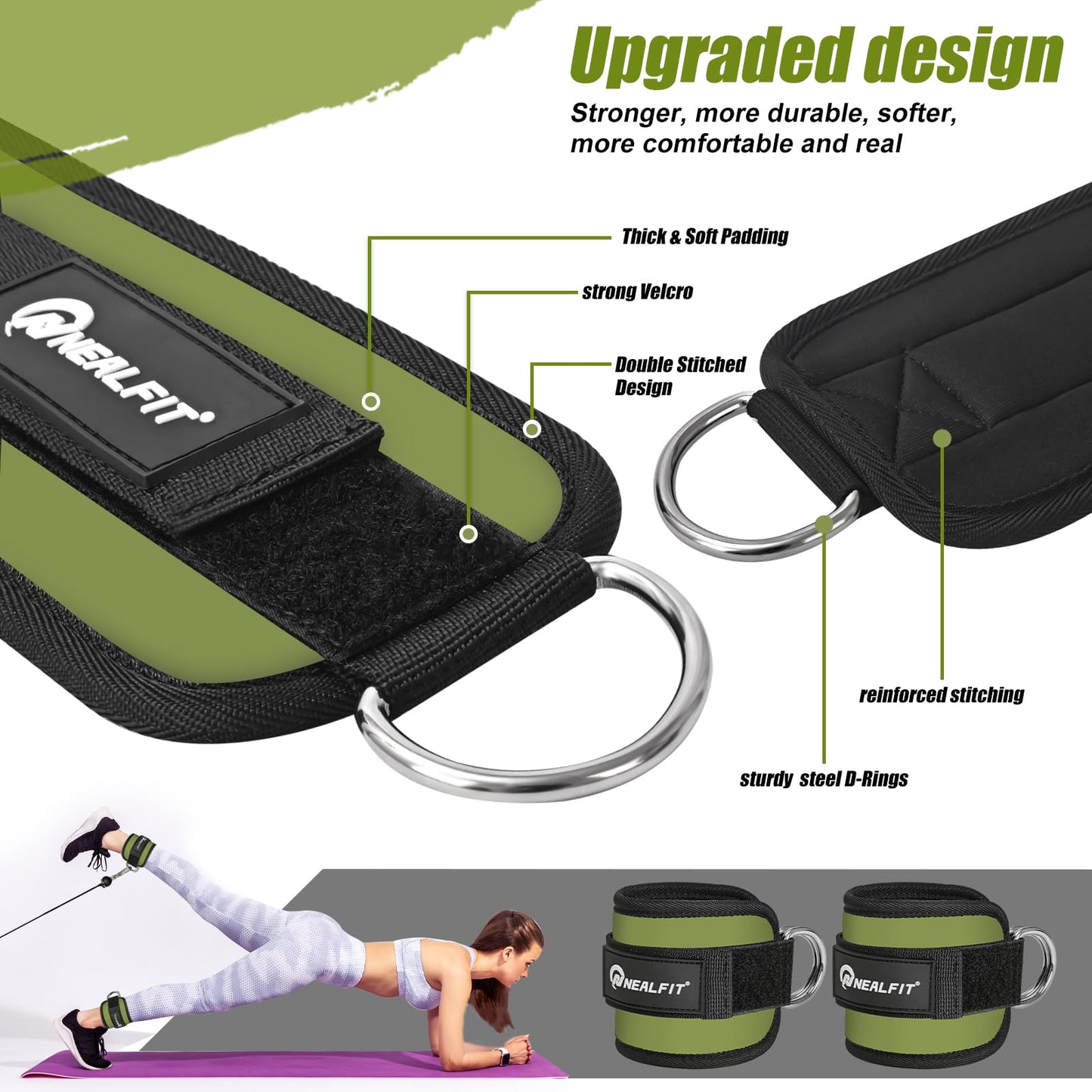 NEALFIT Ankle Strap for Cable Machine, Gym Ankle Cuff for Kickbacks, Leg Extensions, Glute Workouts, Booty Hip Abductors Exercise for Women and Men (Army Green, Pair)