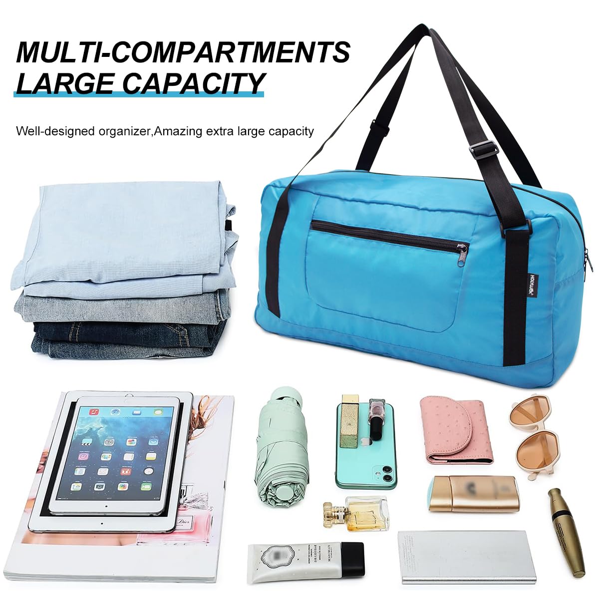 HOLYLUCK Foldable Travel Duffel Bag For Women & Men Luggage Great for Gym - sky blue