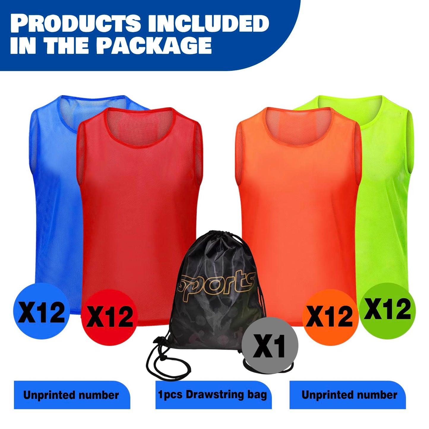 PULUOMASI 12/24/48PCS Pinnies Youth Team Pennies for Sports Kids and Scrimmage Vests for Soccer Basketball Jersey Practice