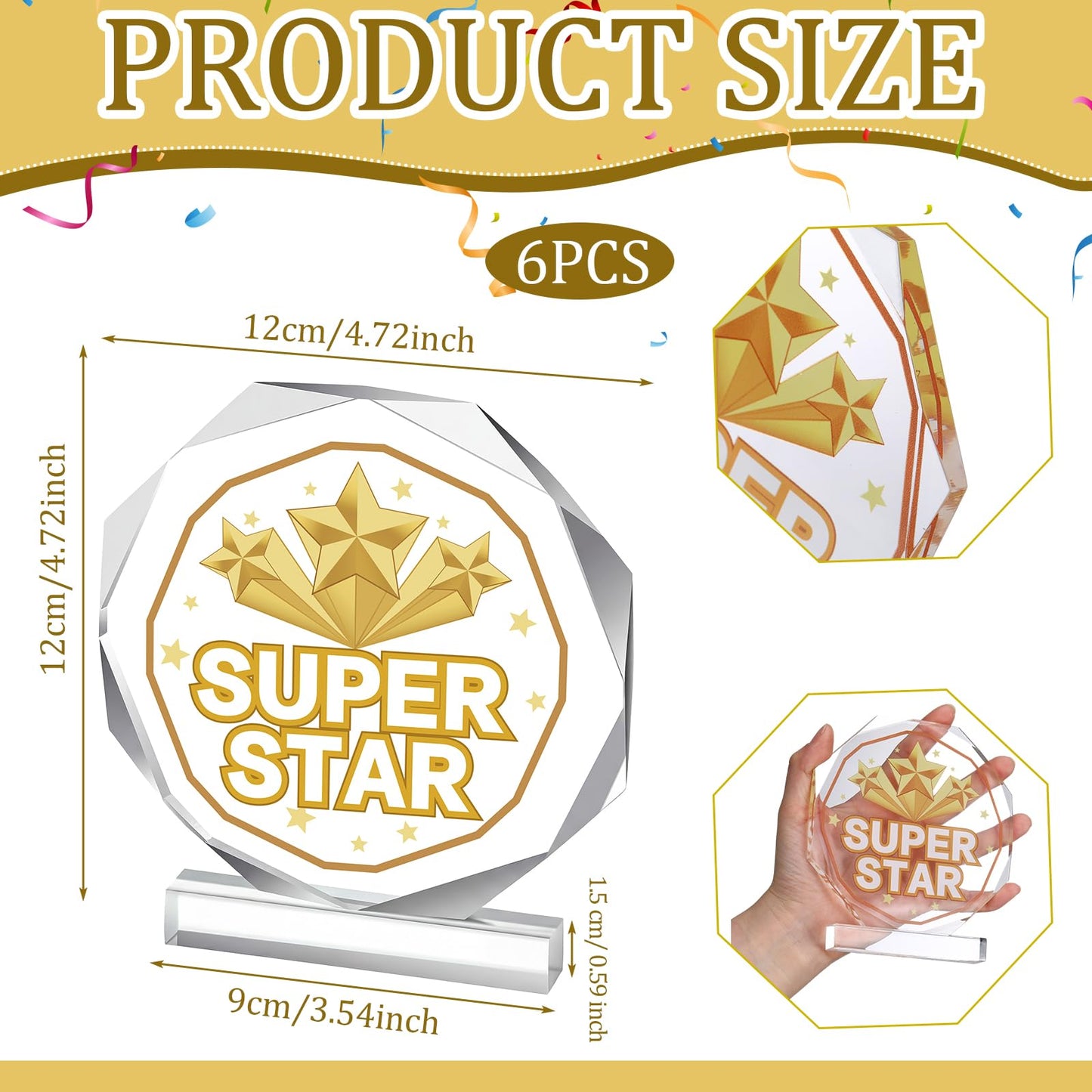 CroBlissful 3/6 Pcs Trophy Award 4.72 x 4.72 Inches Acrylic Trophy Plaques Awards for Kids Adult Team Participation Gift Prizes(6 Pcs,Super Star)