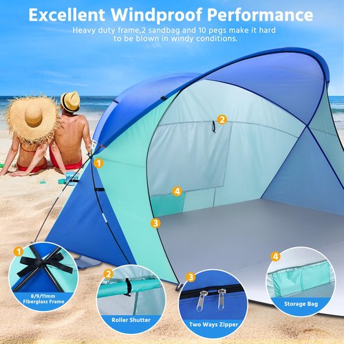 VXVGER Beach Tent Sun Shelter for 2 People, UV Protection Sunshade Portable Outdoor Canopy for Family Camping Traveling