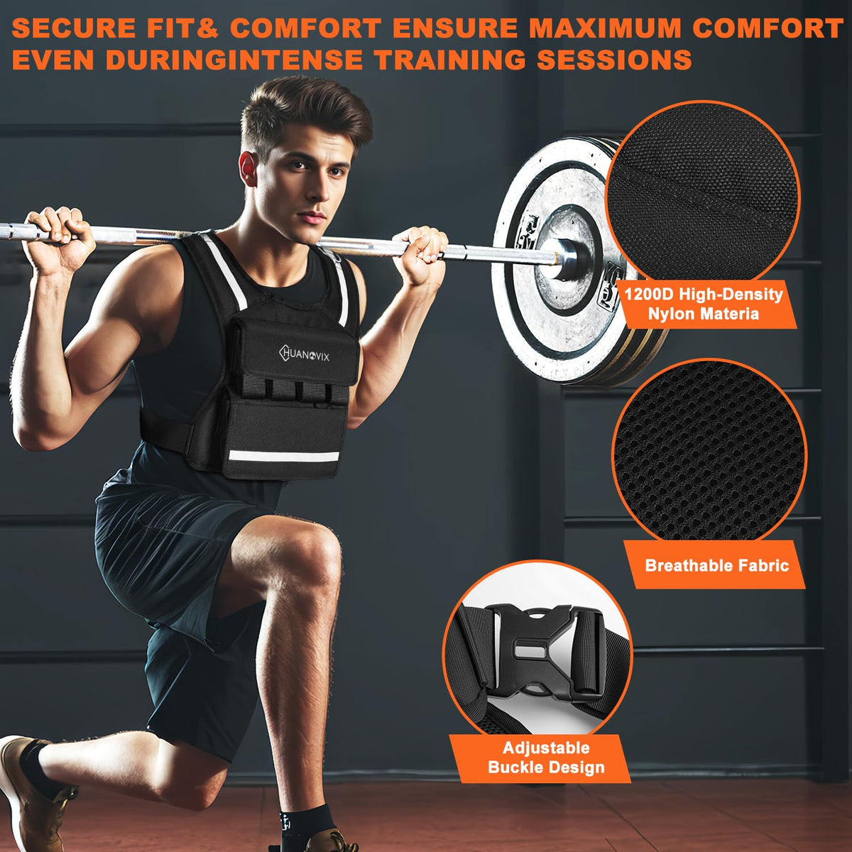 Huanovix Weighted Vest, 0-40 LBS Adjustable Weight Vest With Reflective Stripe, No Weights Included, Ultra Thick Shoulder Padding Design Rucking Vest for Walking, Running, Strength Training, Etc