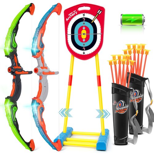 Bow and Arrow for Kids 6-8 8-12, Archery Toy Set for Kids 6+ with Standing Target - Rechargeable/2 Light Up Bows/20 Arrows, Toys for 4-6 7 8 9 10-12 Boys Girls Birthday Gifts