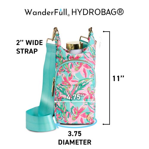 WanderFull Original HydroBag Fits Up to 32 oz Water Bottle Holder with Strap - Hands-Free Crossbody Water Bottle Carrier Bag with Phone Pocket, Tumbler Bag - Aqua Multicolor Print