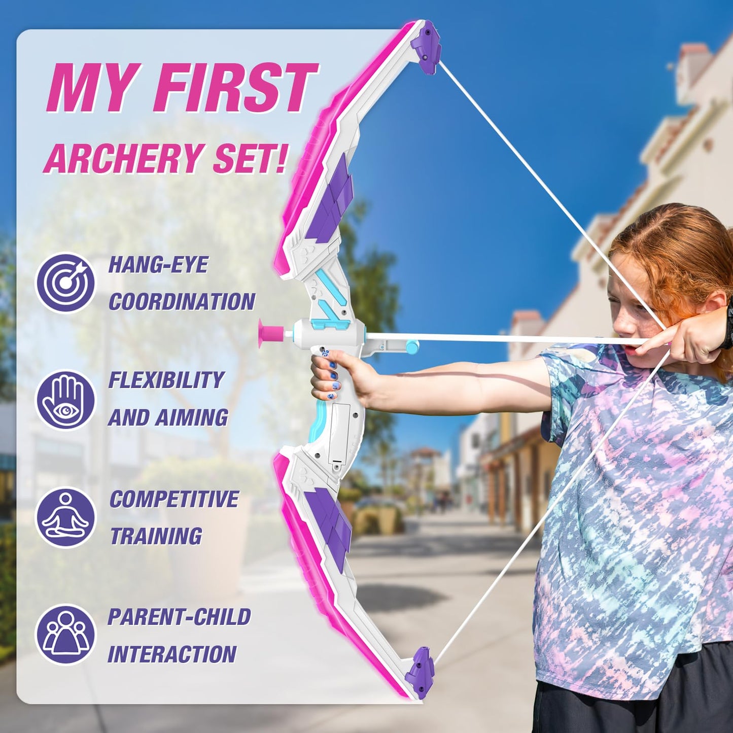 HYES Bow and Arrow for Kids, LED Light Up Archery Set with 12 Suction Cup Arrows, 1 Hanging Target, 3 Score Targets & 1 Quiver, Indoor Outdoor Sport for Boys Girls Ages 4-12, Purple