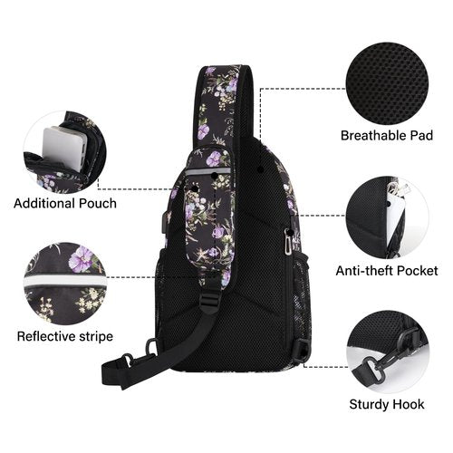 MOSISO Sling Backpack Bag, Wildflower Bouquet Crossbody Shoulder Bag Travel Hiking Daypack Chest Bag with Front Square Pocket&USB Charging Port, Black