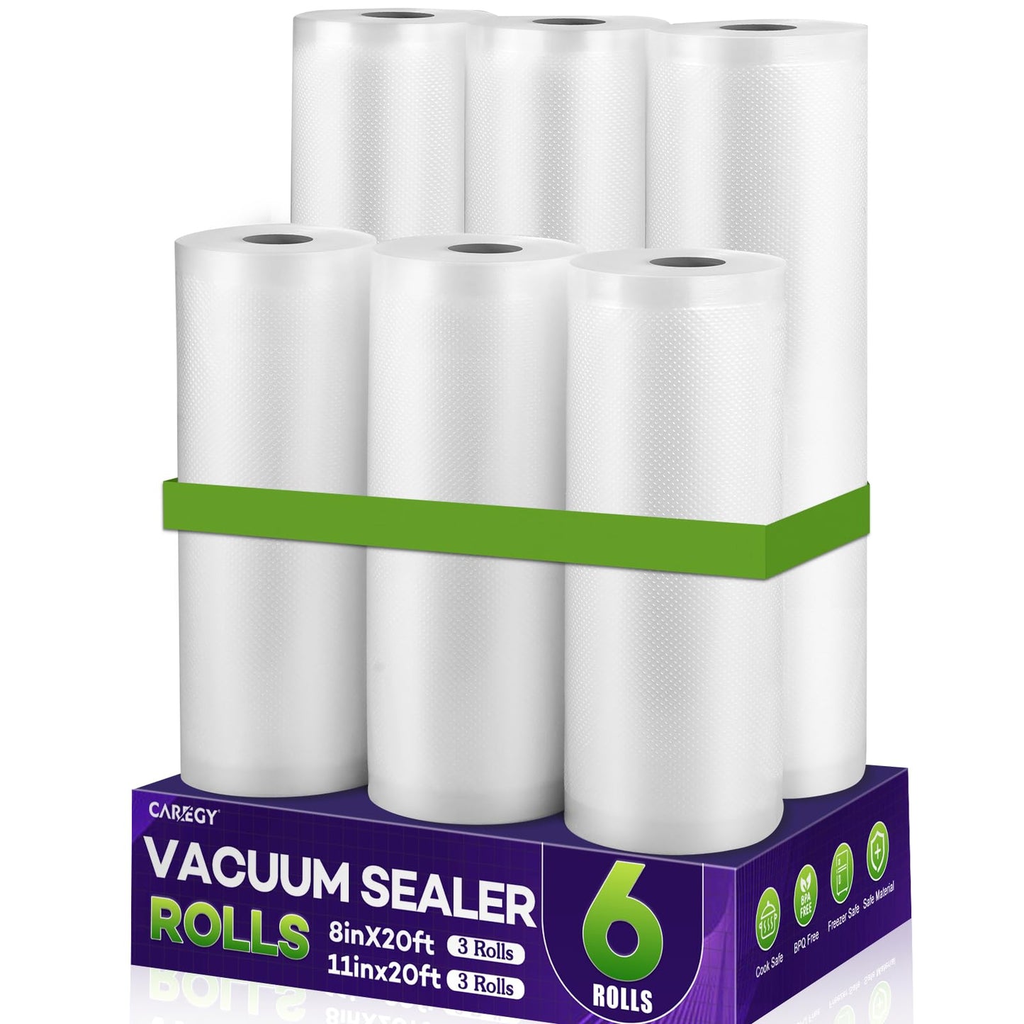 CAREGY Food Vacuum Sealer Rolls Bags 6 Pack 3 Rolls 8'' x 20' and 3 Rolls 11''x 20' Commercial Grade BPA Free Bag Rolls Embossed Food Saver Bags for Meal Prep,Sous Vide Cooking and Food Storage