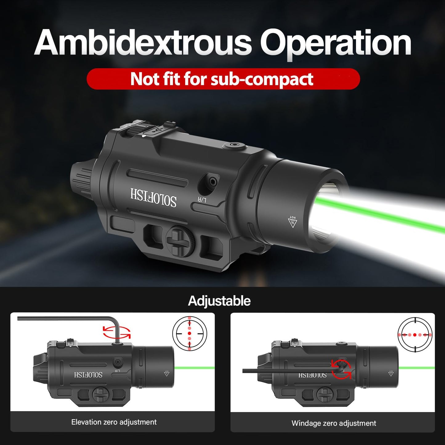 Solofish 1500lm Slidable Pistol Light and Green Beam Combo with Strobe/Momentary, Rechargeable Tactical Flashlight Compatible with Picatinny Rail