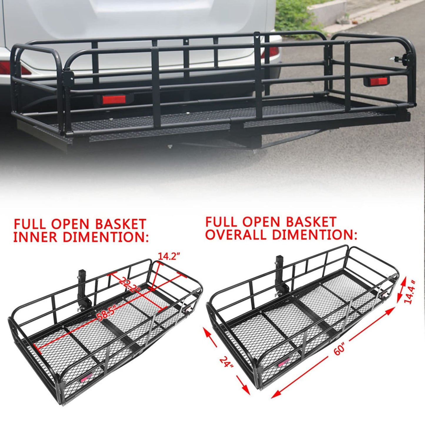 OKLEAD Hitch Mount Cargo Carrier 60" x 24" x 14.4" Folding Cargo Rack Rear Hitch Tray Luggage Basket with 400 LB Capacity Fits 2" Receiver for Car SUV Pickup