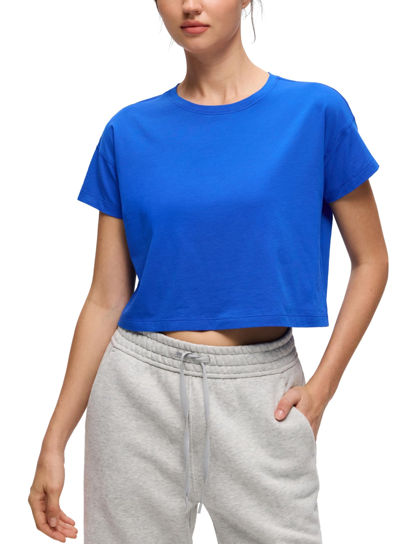 CRZ YOGA Women's Pima Cotton Workout Short Sleeve Shirts Loose Athletic Crop Tops Gym Casual Cropped T-Shirt Strong Blue Small