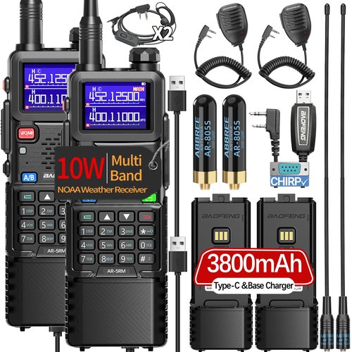 Ham Radio Baofeng Radio Long Range 5RM 10W Handheld NOAA Emergency Weather Radio 3800mAh Battery Rechargeable Walkie Talkies for Adults with Programming Cable,USB-C Charging for Survival Gear,2 Pack