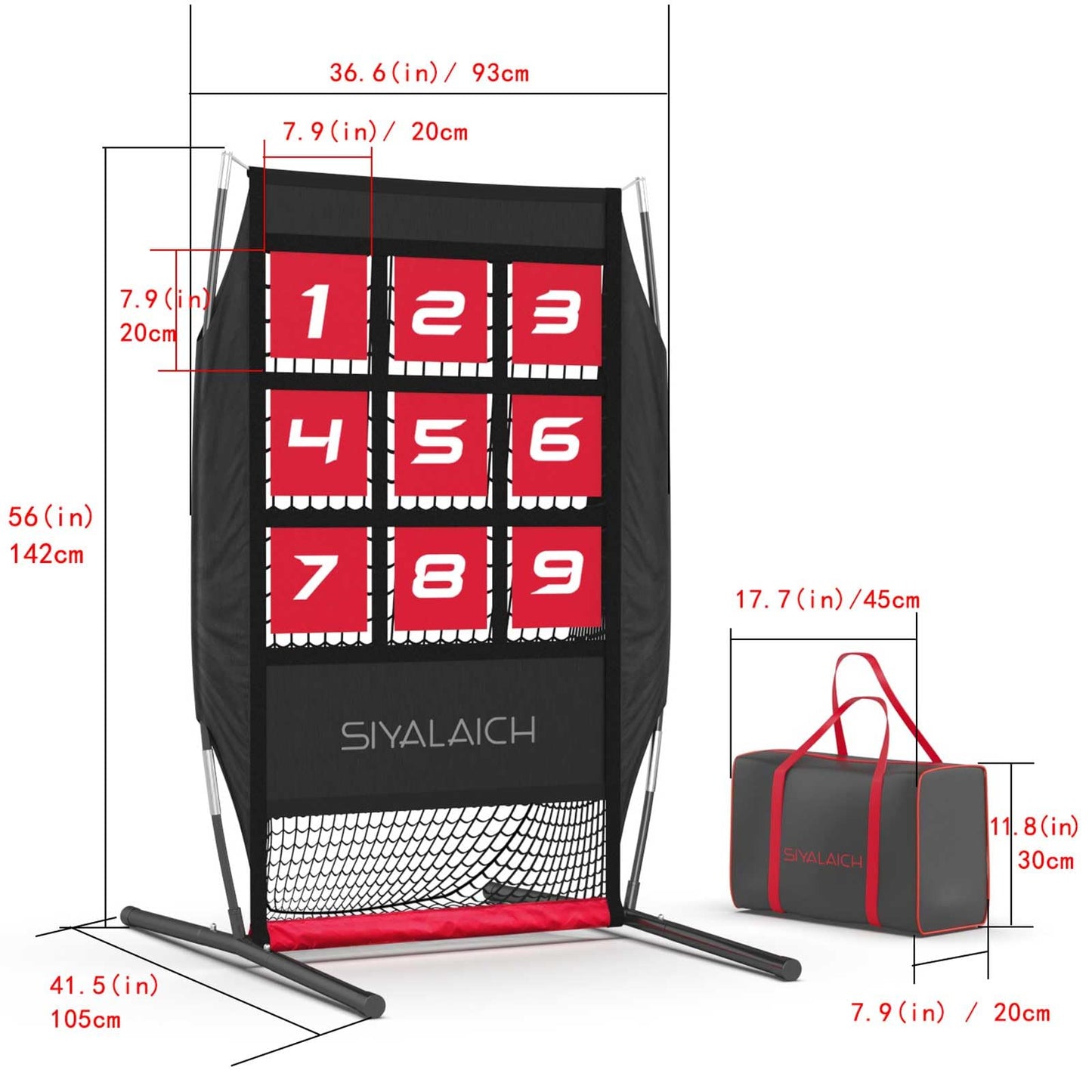 SIYALAICH Ultimate Portable Pitching Target Net for Baseball, Softball & Football | Pro-Tested Practice System with Numbered Strike Zone | Includes Carry Bag & Enables Quick Assembly(Black/Red)