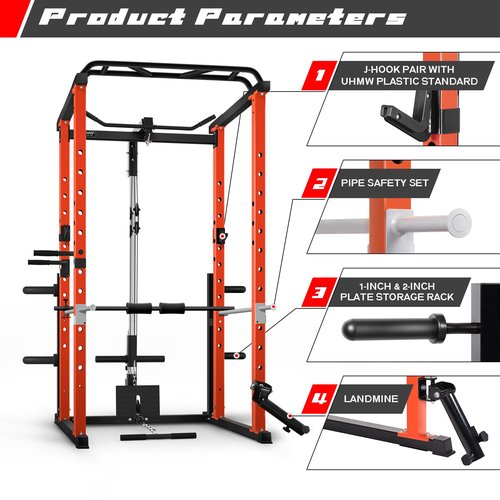 RitFit Power Cage with LAT Pull Down and 360° Landmine, 1000LB Capacity Power Rack Full Home Gym for Weightlifting, Come with J-Cups,Dip Bars and Other Attachments (2023 Version PPC02)-Orange