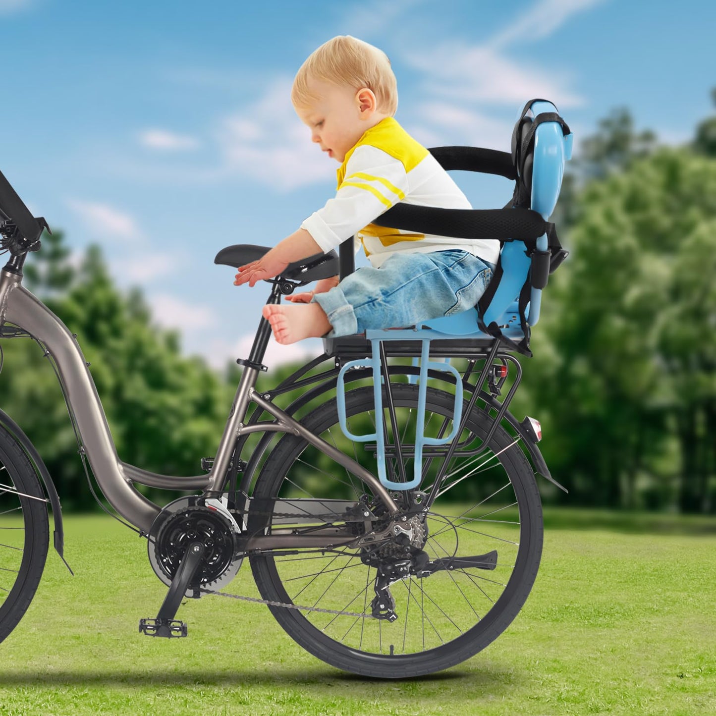 Kids Bike Seat Rear Mount Baby Bicycle Seat Cushion with Safety Belt & Footrest Brackets & U-shaped Guardrails,Toddler Child Saddle Seat Rear Safety Carrier Seat for Folding Bike,Mountain Bike (Blue)