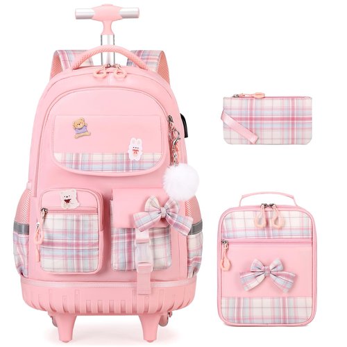 ACESAK Rolling Backpack for Girls - Roller Wheels School bag with Lunch Bag & Pencil Pouch for Teen Girls Kids Wheeled Suitcase Backpacks, Elementary Middle School Travel Daypack (Pink)
