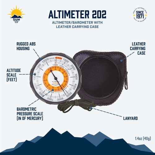 Sun Company Altimeter 202 - Battery-Free Altimeter and Barometer | Weather-Trend Indicator with Soft Leather Case | Reads Altitude from 0 to 15,000 Feet