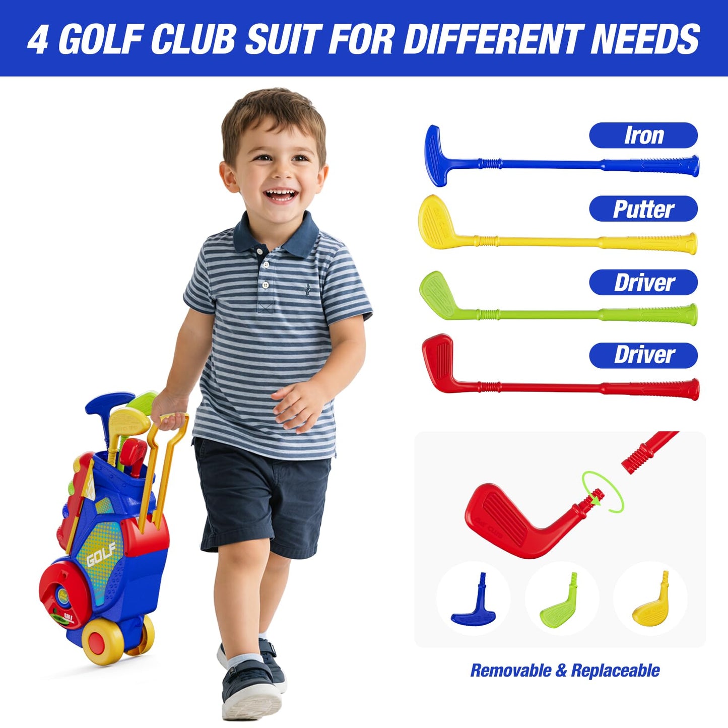 HYES 3 in 1 Toddler Golf Set with Putting Mat & Sticky/Golf Game, Kids Golf Club with 8 Balls, 4 Plastic Clubs, Scoreboard, Indoor Outdoor Sport Toys with Golf Cart Gift for Boys Girls Aged 2-5, Blue