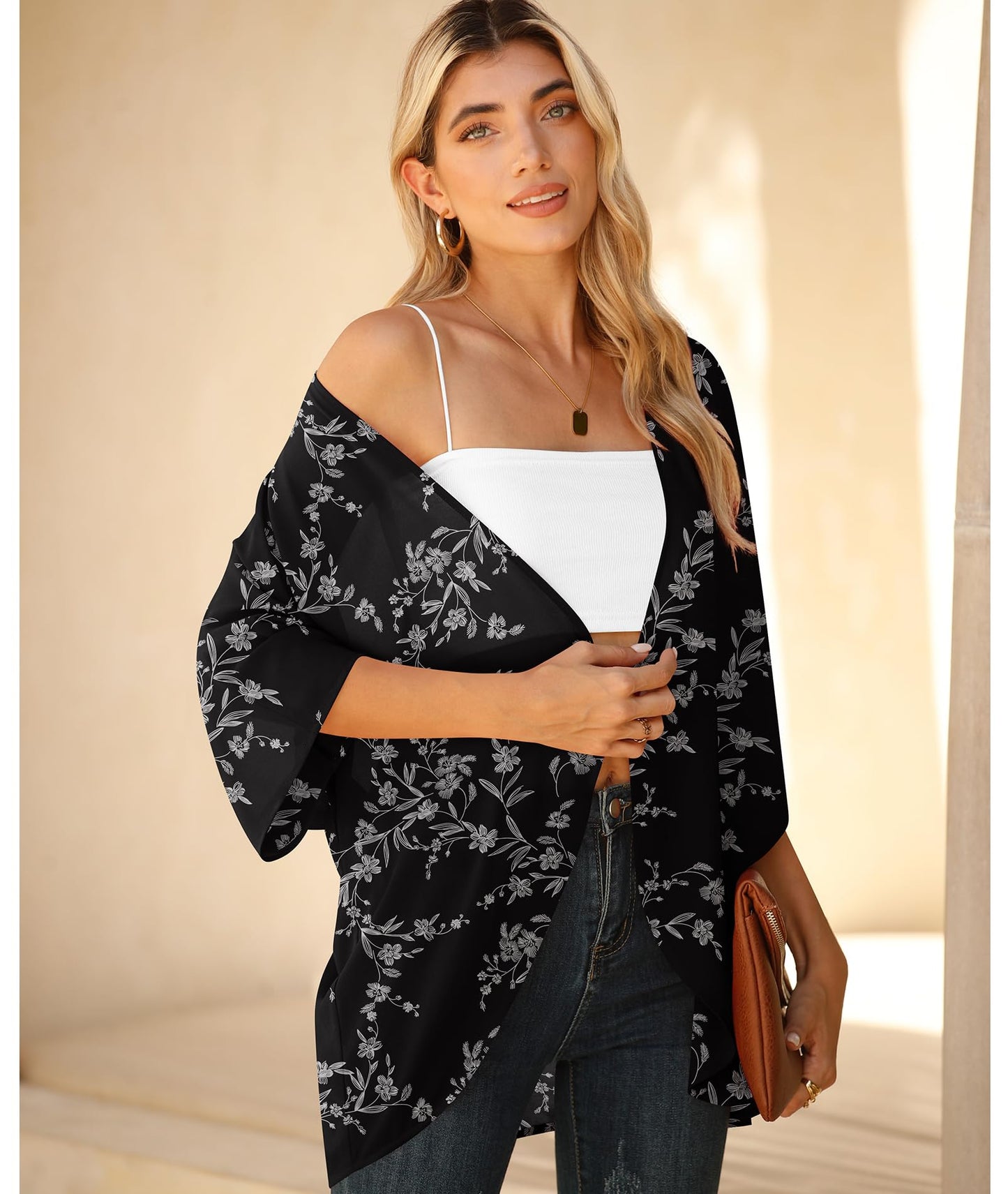 LILBETTER Womens Floral Chiffon Kimono Cardigans Loose Beach Cover Up Half Sleeve Tops(Black Leaves Large)
