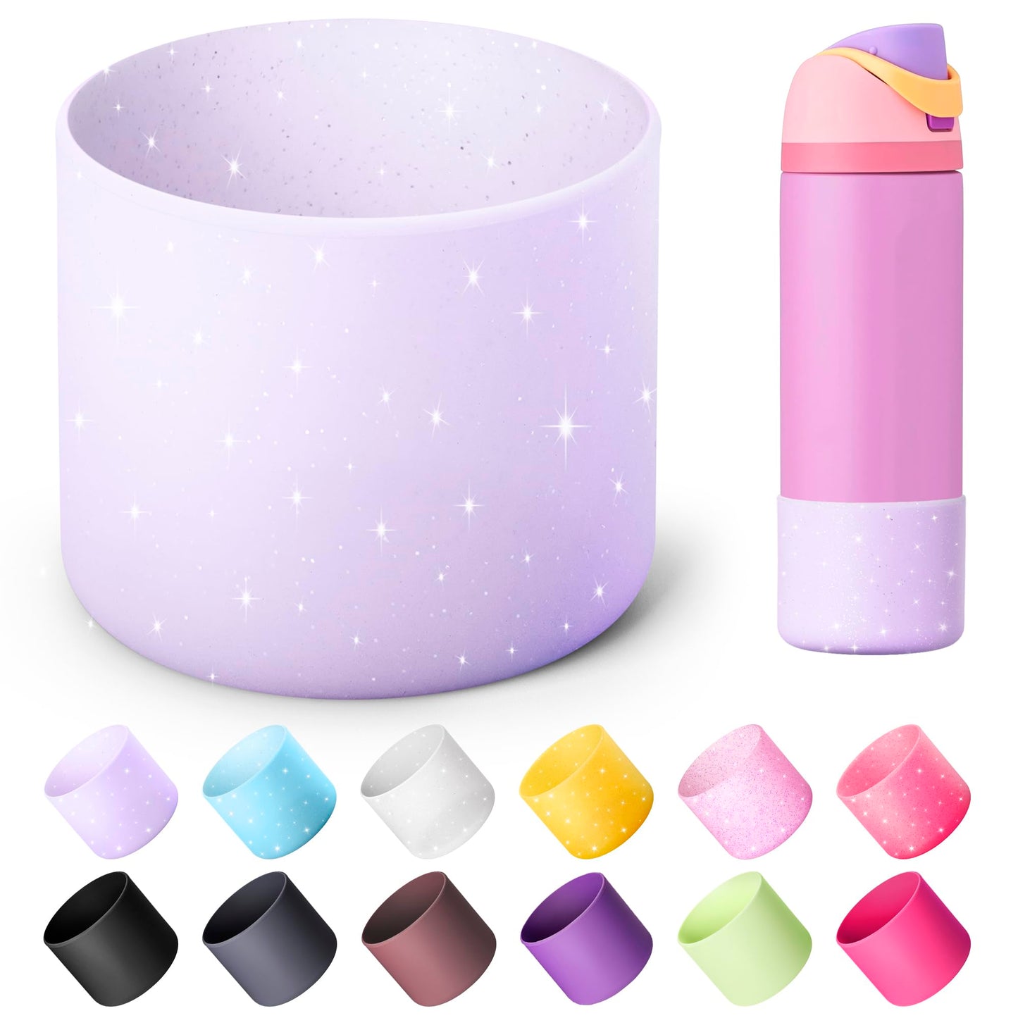 Diumepo Silicone Water Bottle Boot for Owala 24 oz 32 oz 40 oz, Anti-Slip Protective Sleeve for Owala Twist & FreeSip & Flip Stainless Steel Water Bottle, Boot Bottom Base(Glitter Purple)