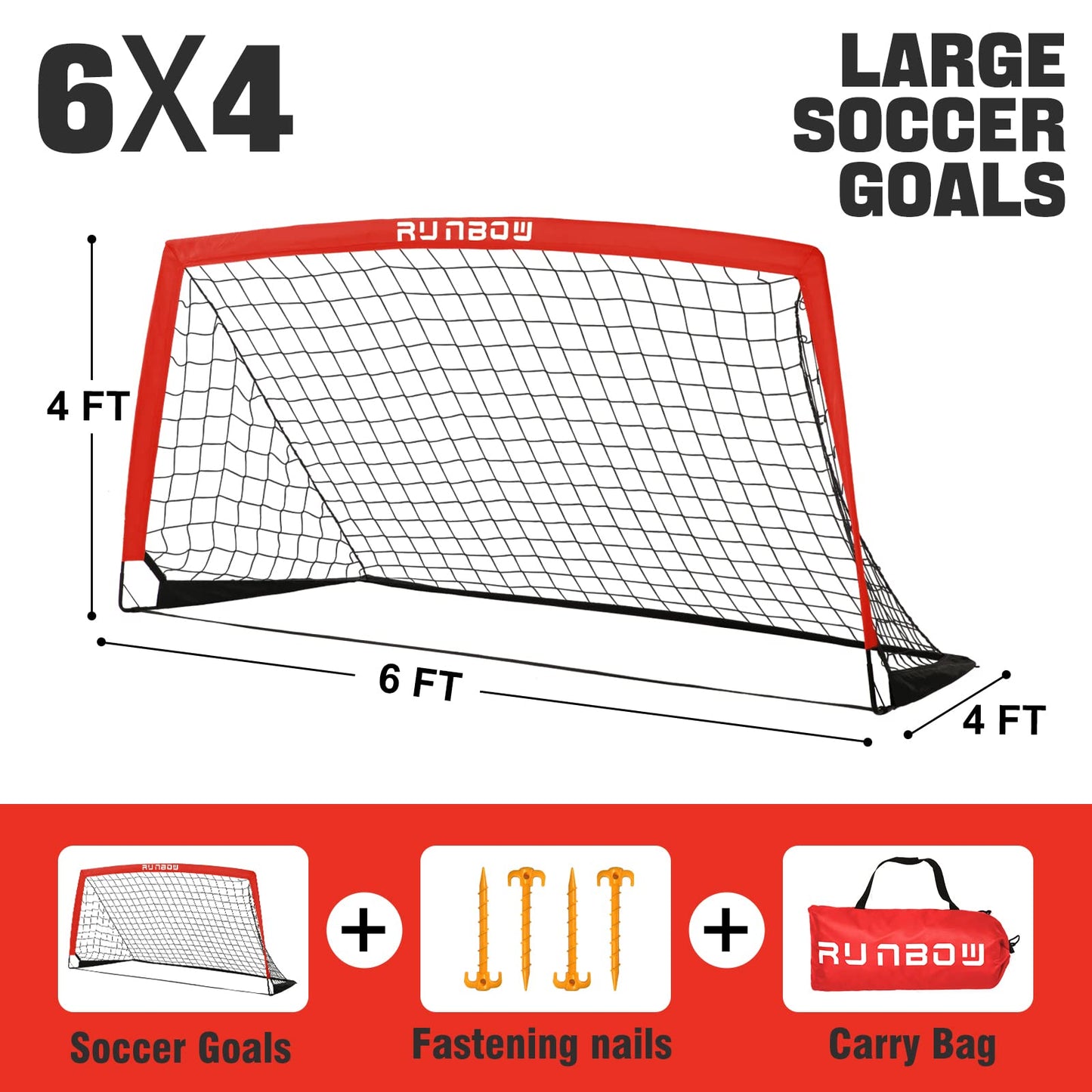 RUNBOW 6x4 ft Portable Kids Soccer Goal for Backyard Practice Soccer Net with Carry Bag (6x4 FT, 1 Pack, Red)