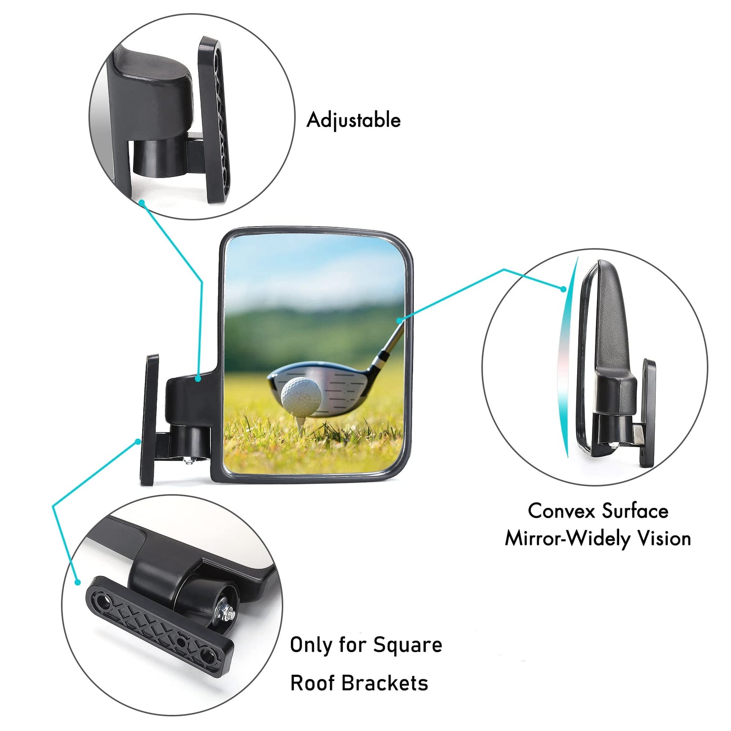 10L0L Golf Cart Side Mirrors Compatible with Yamaha Club Car EZ-GO and Others Round or Square Tube Golf Cart Roof Bracket, No-drilling Required
