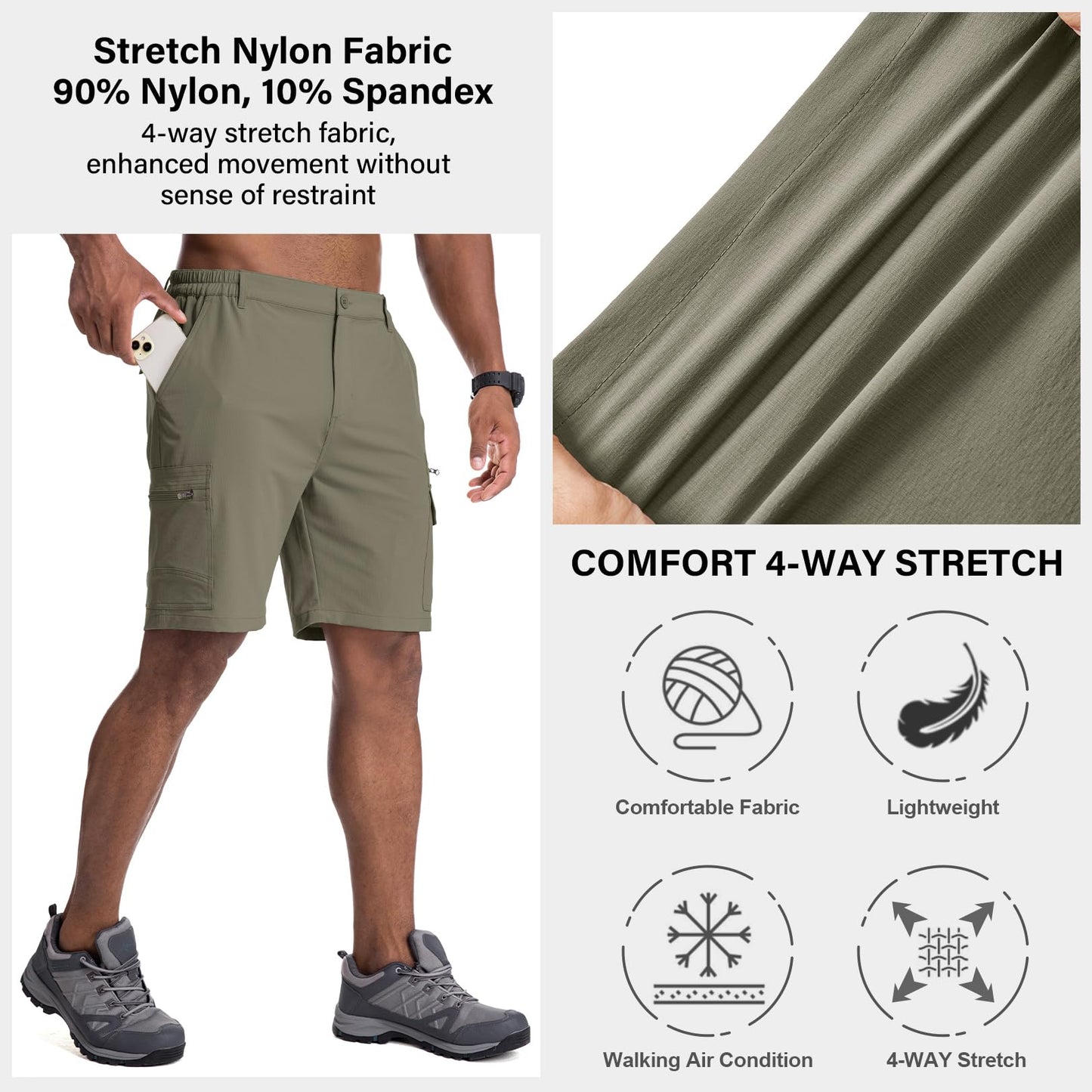 Jessie Kidden Mens Outdoor Casual Expandable Waist Lightweight Water Resistant Quick Dry Fishing Hiking Shorts (Light Green, 29)