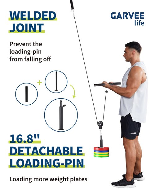 GarveeLife Pulley System for Home Gym, Cable Weight System Attachments Set with 2 in 1 LAT Pulldown Bar, Tricep Rope, Biceps Curl, Chest Fly Handles for Arm Workouts Fitness Equipment