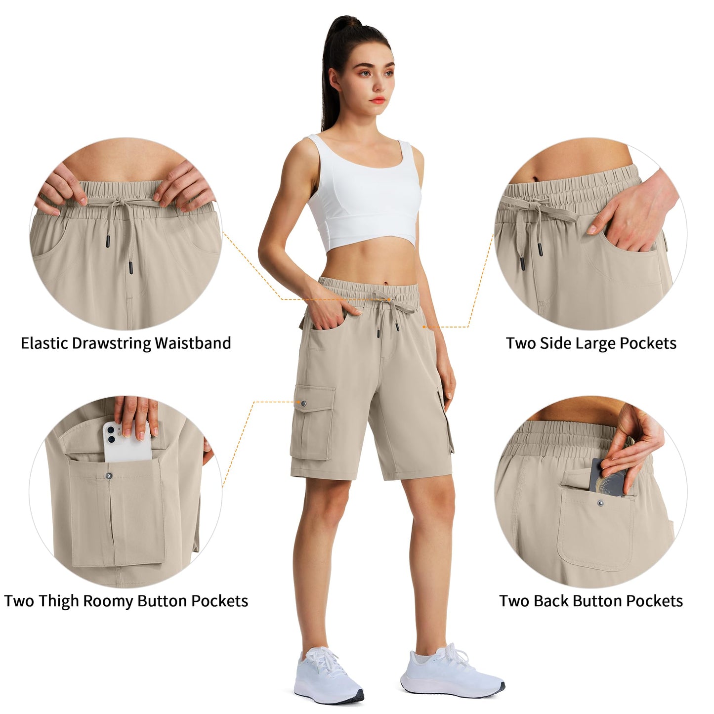 Hugut Women's 9" Hiking Cargo Shorts Quick Dry Lightweight Summer Shorts for Camping Travel Golf 6 Pockets Khaki