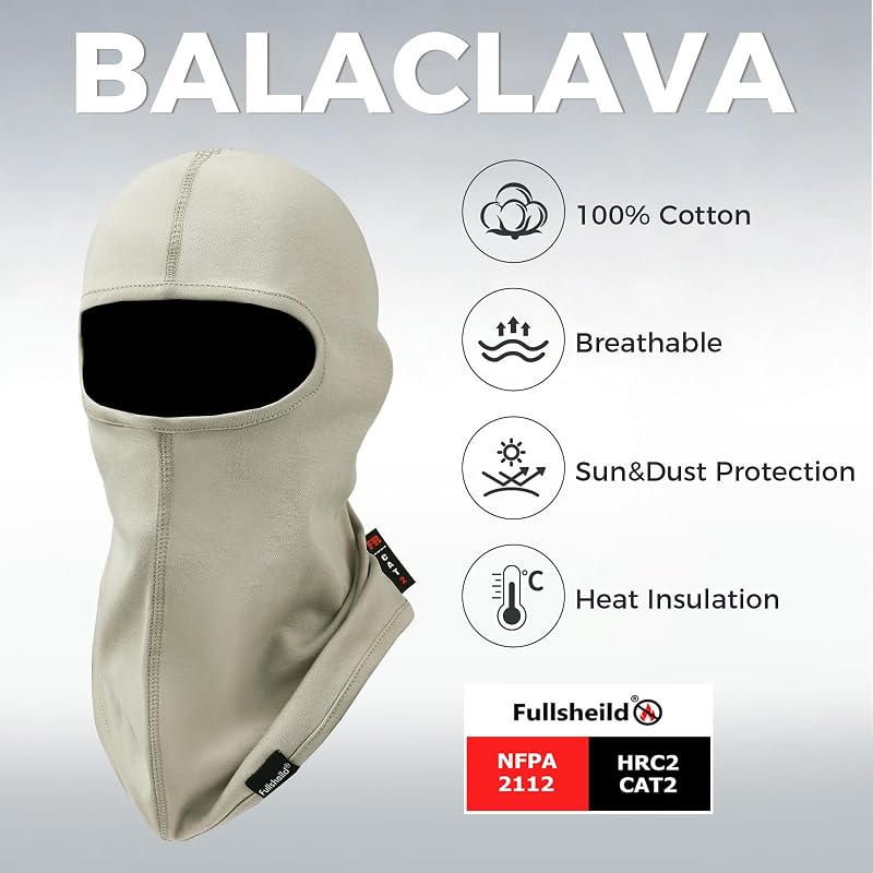 Fullsheild FR Balaclava Face Mask for Men - Flame Resistant Welding Cap, 1 Pack Light Khaki, One Size