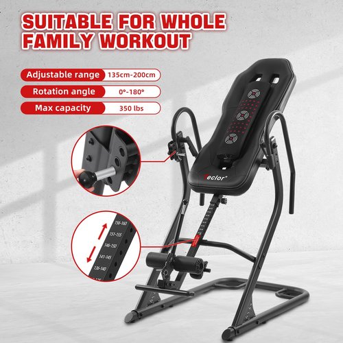 Teclor Advanced Heat and Massage Strength Training Inversion Table for Back Pain Relief,Heavy Duty Inversion Table 350 lbs Capacity with Thickened 3D Memory Foam backrest,Black