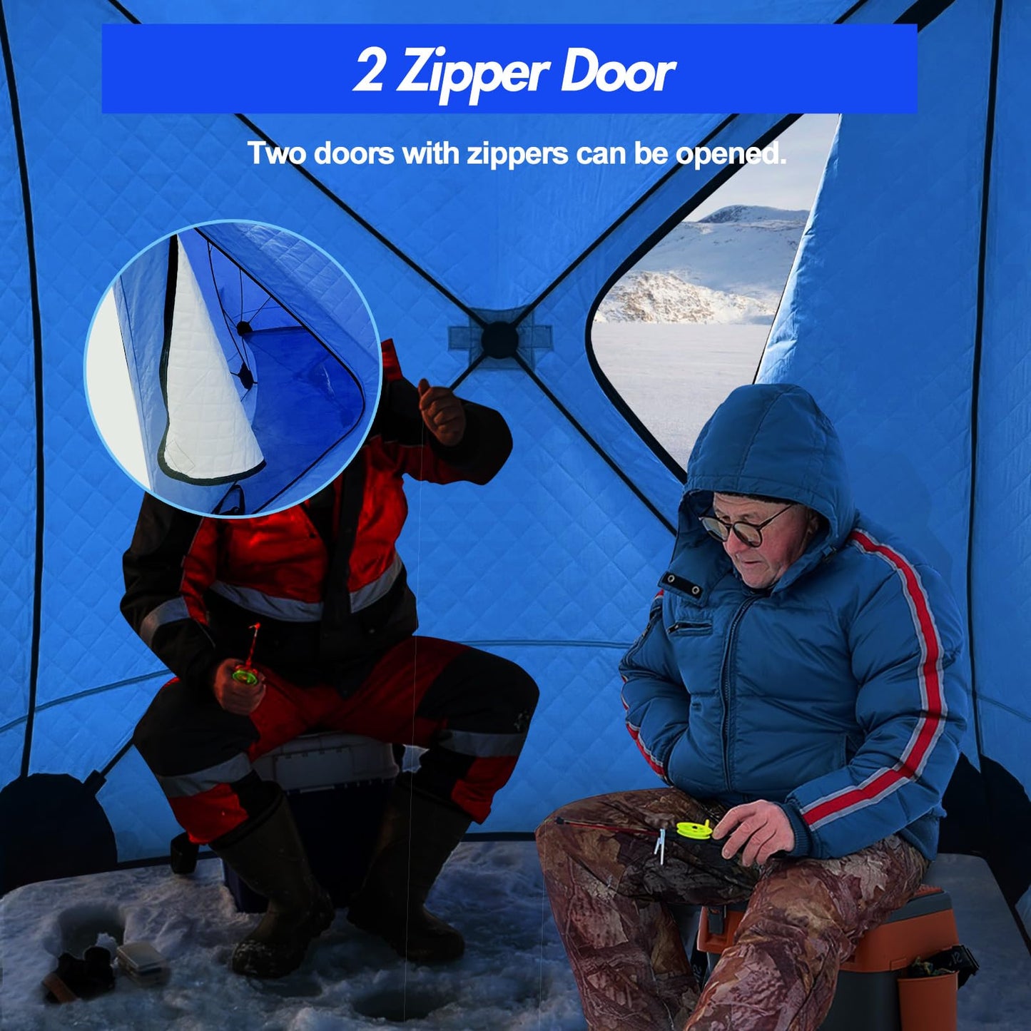 Insulated Pop-Up Ice Fishing Tent - Portable Hub-Style Shelter with 2 Zipper Doors for 3-4 People, Durable Oxford Fabric with Cotton Padding Ice Shack for Winter Fishing Trip, Blue