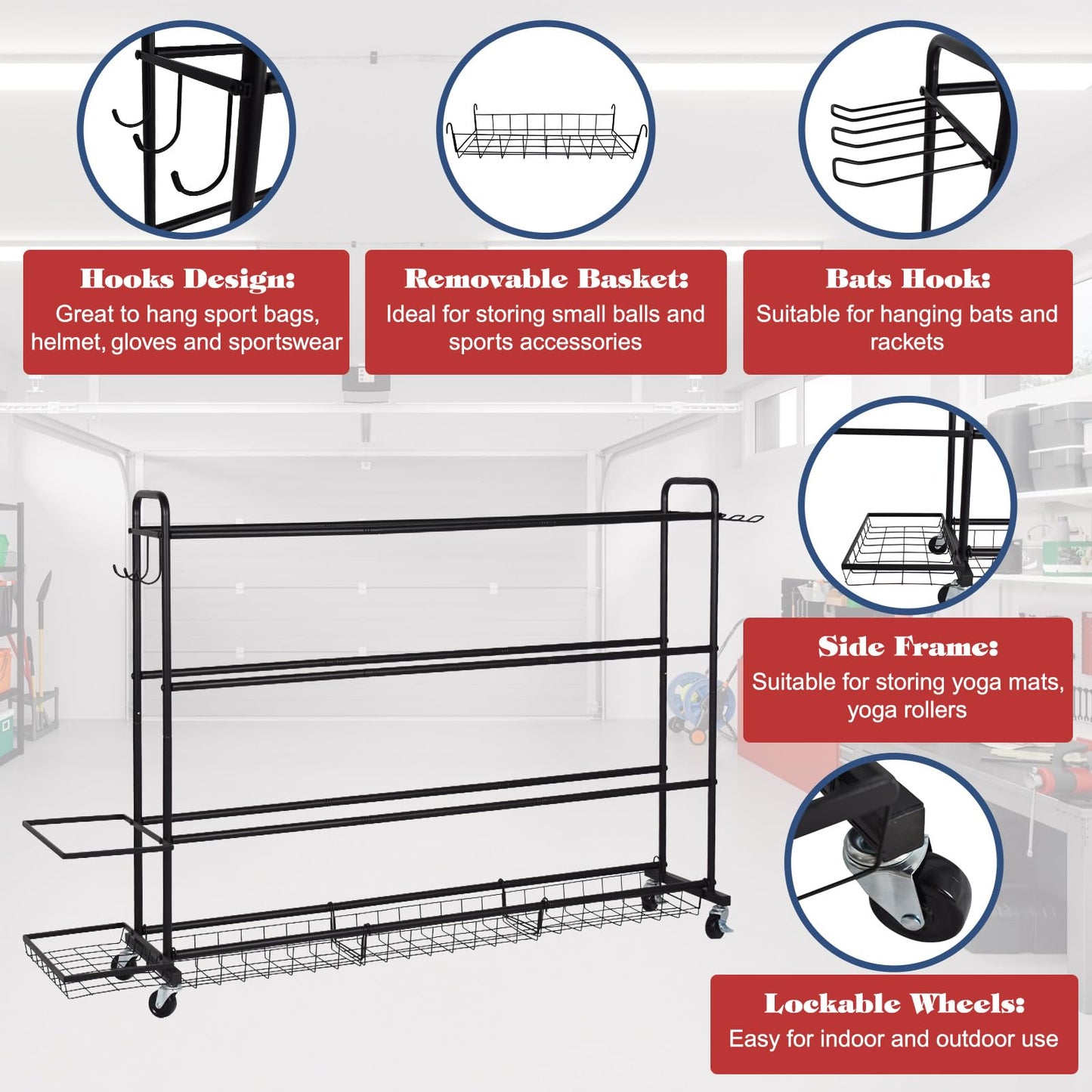 ELKCIP Basketball Rack, Shooting Training Rolling Ball Stand, Garage Organizer with Wheels, 4-Layer Sports Equipment Storage Holder with Baskets and Hooks for Soccer Baseball Footballs Volleyball