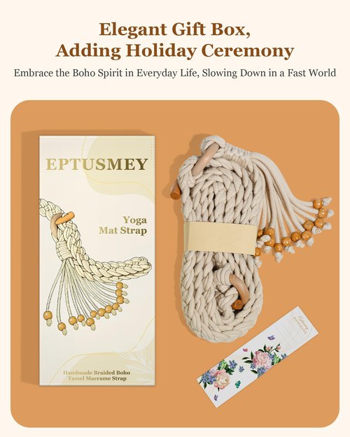Eptusmey Yoga Mat Straps for Carrying, Handmade Braided Boho Bead Tassel Macrame Strap, Adjustable Thick Yoga Mat Carrier/Holder/Organizing, Stretching Band, Gifts for Women (Mat Not Included)