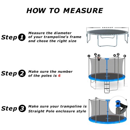 14FT Trampoline Replacement Safety Enclosure Net for 6 Straight Poles Round Frame Trampolines, Breathable and Weather-Resistant Trampoline Net with Adjustable Straps (Net Only) Blue