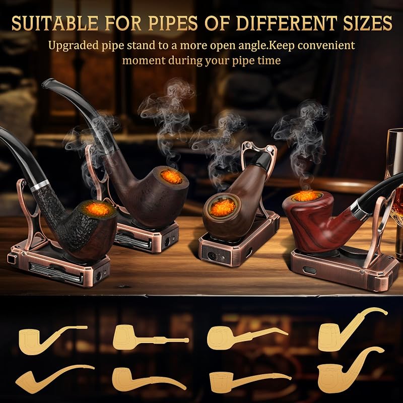 Bronze Pipe Lighter with Built-In Stand, 3-in-1 Cleaning Tools, Refillable Gas Lighter