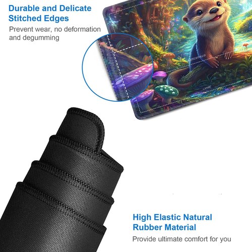 for TCG Playmat with Waterproof Storage Bag and 6 Dice, Non-Slip Rubber Base for MTG Playmat with Zones, 24 x 14 inches Trading Card Game Mat Board Game Desk Mat, Forest Cute Otter Pattern